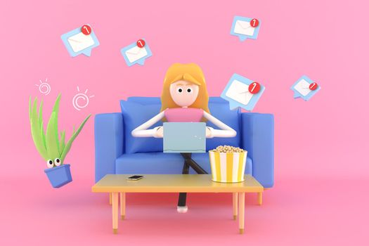 A woman sitting and working at home on her sofa using a notebook computer.  3d illustrator.