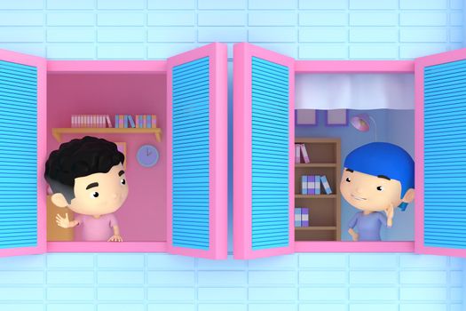 3d illustrator of cartoon characters. Boys and girls greet each other through the house window.