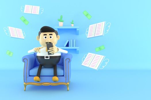 A man working on a sofa with a mobile phone.  3d illustrator.