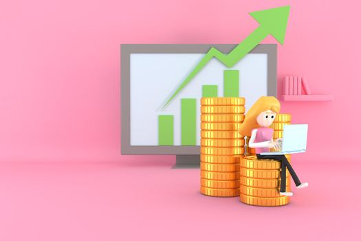 A woman uses a notebook computer. Work on finance. 3d illustrator.