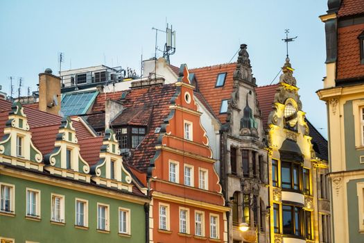 View of the buildings with roofs in the Old Town of Wroclaw. Wroclaw-the historical capital of Lower Silesia.