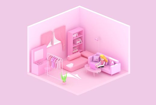 3d illustrator of a female cartoon character Using a laptop computer On the sofa in the pink room. Working at home