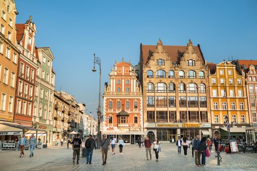 WROCLAW, POLAND-April 8, 2019: View of the Market Square in the Old Town of Wroclaw. Wroclaw is the historical capital of Lower Silesia.