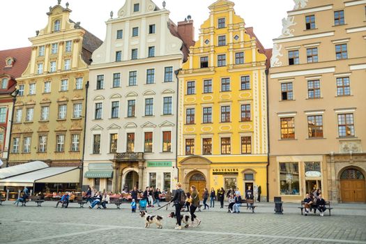 WROCLAW, POLAND-April 8, 2019: View of the Market Square in the Old Town of Wroclaw. Wroclaw is the historical capital of Lower Silesia.