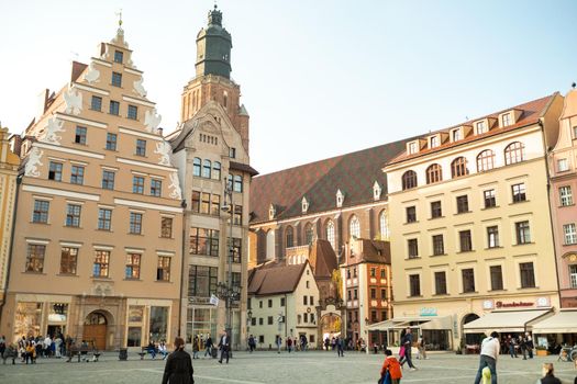 WROCLAW, POLAND-April 8, 2019: View of the Market Square in the Old Town of Wroclaw. Wroclaw is the historical capital of Lower Silesia.