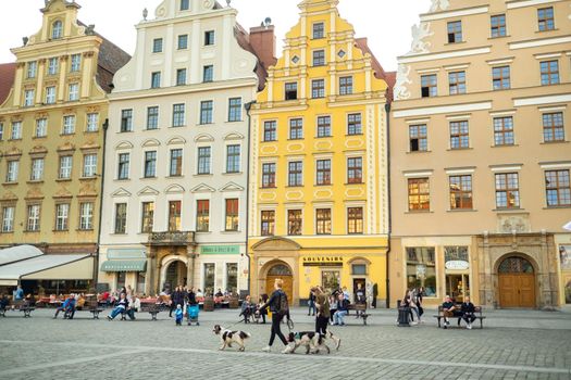 WROCLAW, POLAND-April 8, 2019: View of the Market Square in the Old Town of Wroclaw. Wroclaw is the historical capital of Lower Silesia.