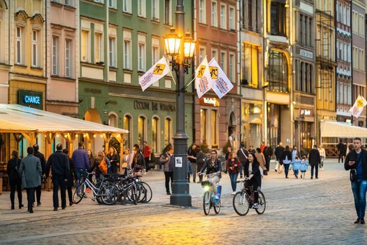 WROCLAW, POLAND-April 8, 2019: Evening View of the Market Square in the Old Town of Wroclaw. Wroclaw-the historical capital of Lower Silesia.