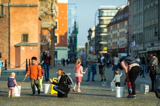 WROCLAW, POLAND-April 8, 2019: View of the Market Square in the Old Town of Wroclaw. Wroclaw is the historical capital of Lower Silesia.