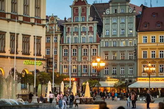 WROCLAW, POLAND-April 8, 2019: Evening View of the Market Square in the Old Town of Wroclaw. Wroclaw-the historical capital of Lower Silesia.