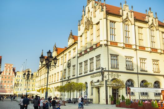 WROCLAW, POLAND-April 8, 2019: View of the Market Square in the Old Town of Wroclaw. Wroclaw is the historical capital of Lower Silesia.