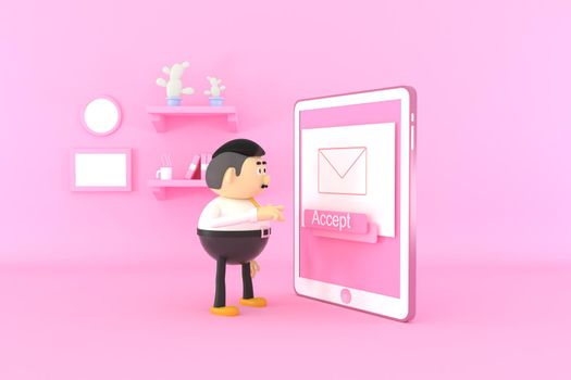 3d illustrator of cartoon characters. A fat man in business attire is answering e-mail.