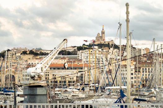 Old port with yachts in the city of Marseille.France.