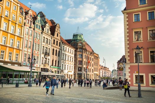 WROCLAW, POLAND-April 8, 2019: View of the Market Square in the Old Town of Wroclaw. Wroclaw is the historical capital of Lower Silesia.