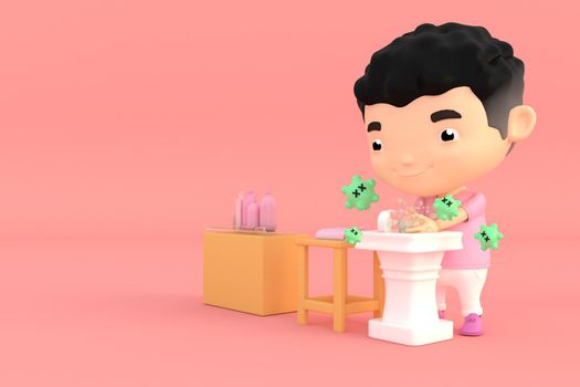 3d illustrator of cartoon characters. A boy washing hands with soap to prevent germs and viruses