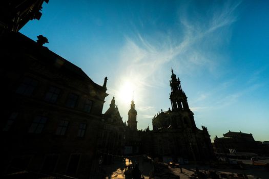 Dresden, Saxon Switzerland, Germany: A street in the center of the city and the old buildings of Dresden.