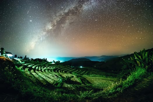 Milky Way and Zodiac Light on the rice field at Ban Pa Bong Piang Jomthong, Chiang Mai, Thailand.