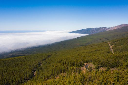 Cloud sea under mount Teide in Tenerife, aerial View over clouds on the island of Tenerife. Canary Islands, Spain.