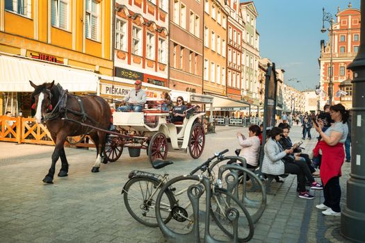 WROCLAW, POLAND-April 8, 2019: View of the Market Square in the Old Town of Wroclaw. Wroclaw is the historical capital of Lower Silesia.