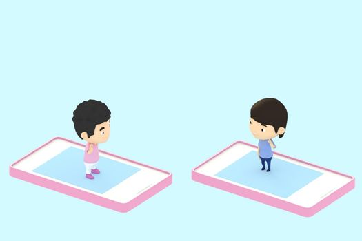 3d illustrator of cartoon characters. Boy and girl Meet and greet each other from mobile