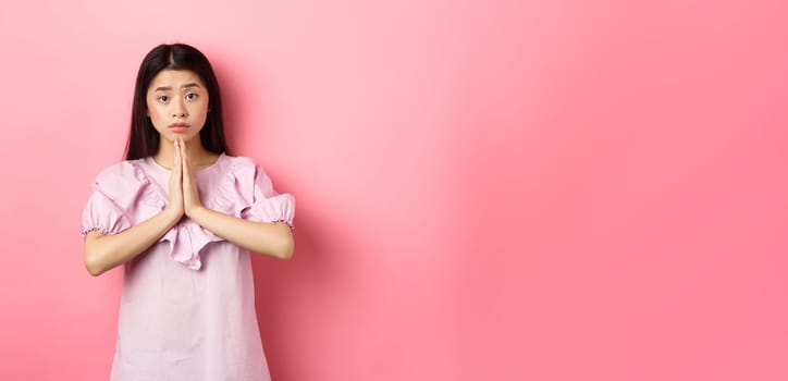 Please help me. Cute asian woman begging you, holding hands in pray and asking for favour, need something, standing against pink background.