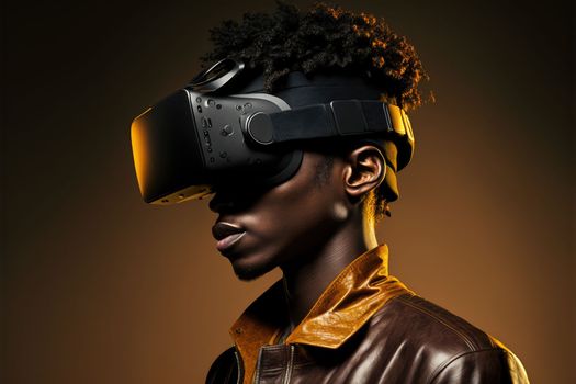 African man wearing virtual reality goggles standing studio clean background . Concept of virtual reality technology , gaming simulation and metaverse. Peculiar AI generative image.