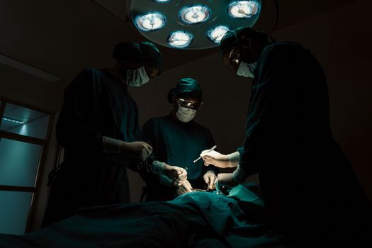 Surgical team performing surgery to patient in sterile operating room. In a surgery room lit by a lamp, a professional and confident surgical team provides medical care to an unconscious patient.