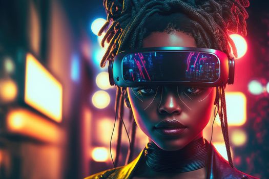 African woman wearing virtual reality goggles standing in virtual world background . Concept of virtual reality technology , gaming simulation and metaverse. Peculiar AI generative image.