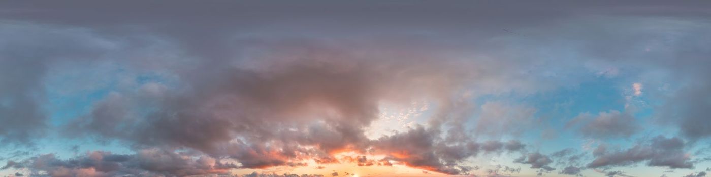 Dark blue sunset sky panorama with pink Cumulus clouds. Seamless hdr 360 pano in spherical equirectangular format. Full zenith for 3D visualization, game, sky replacement for aerial drone panoramas
