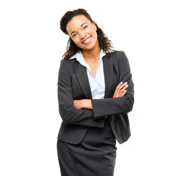 Business employee, portrait or arms crossed on isolated white background in future ideas, vision goals or success mindset. Smile, happy or confident corporate woman in suit or financial growth target.