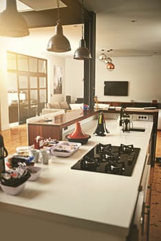 Open plan appeal. Open plan kitchen area in a modern minimalist style home
