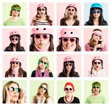Were the cool kids. Collaged shot of a diverse group of people standing in the studio and posing with sunglasses