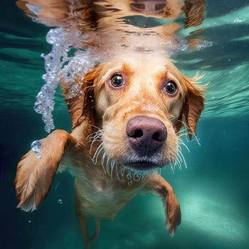 Underwater funny photo of golden Labrador retriever puppy in swimming pool play with fun - jumping, diving deep down. Actions, training games with family pets and popular dog breeds on summer vacation. Download image