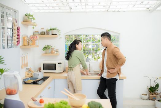 young asian couple cooking in kitchen