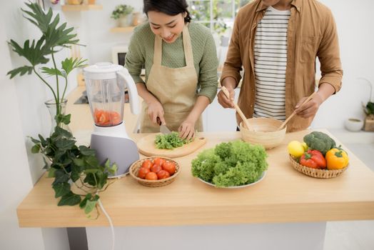 Portrait of happy young Asian couple cooking together in the kitchen at home.