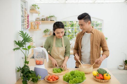 Portrait of happy young Asian couple cooking together in the kitchen at home.