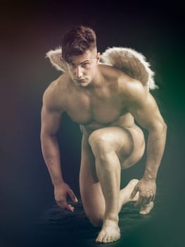 Fallen naked male angel sitting in dark with white feather wings spreading from his back. Angelic naked young man