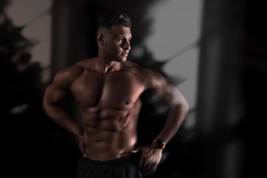 handsome sportsman shows his shirtless torso, creative photo, beautiful body, physique, relief, sexy guy, young