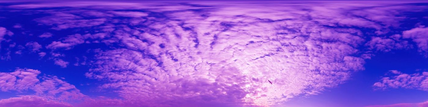 Dark blue sunset sky panorama with magenta Cumulus clouds. Seamless hdr 360 pano in spherical equirectangular format. Full zenith for 3D visualization, game, sky replacement for aerial drone panoramas