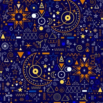 Seamless pattern with celestial astronomical elements sun moon and stars. Mystic esoteric magic zodiac Signs