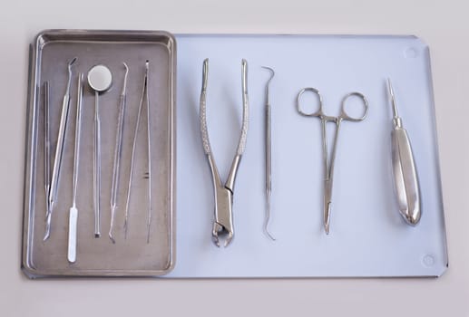 The tools of the dentistry trade. a variety of dentists tools lying on a tray