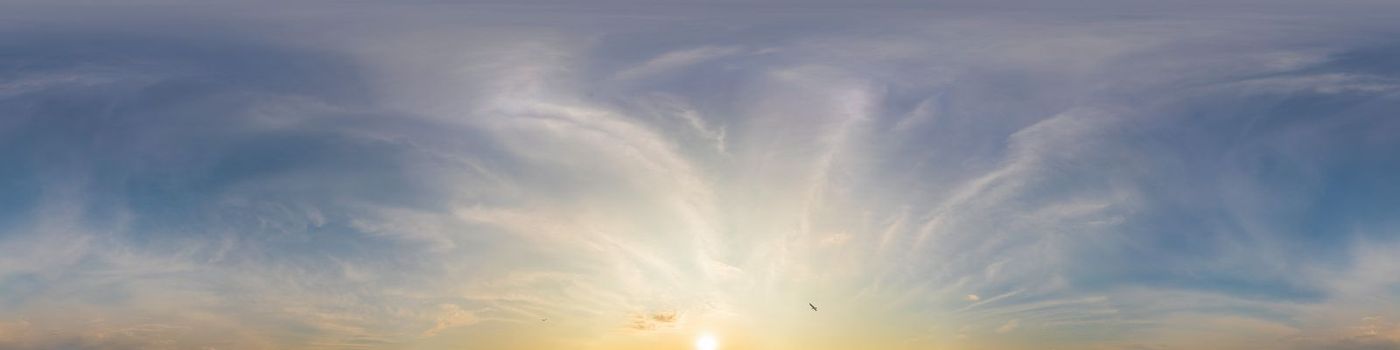 Sky panorama with Cirrus clouds in Seamless spherical equirectangular format. Full zenith for use in 3D graphics, game and editing aerial drone 360 degree panoramas for sky replacement