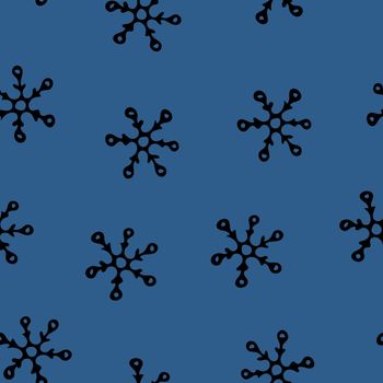 Seamless Pattern with Black Snowflakes on Blue Background. Abstract Hand-Drawn Doodle Snowflakes.