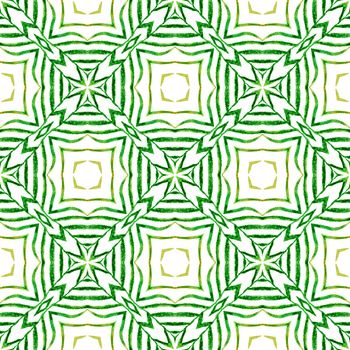 Ikat repeating swimwear design. Green curious boho chic summer design. Textile ready astonishing print, swimwear fabric, wallpaper, wrapping. Watercolor ikat repeating tile border.