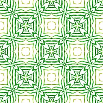 Ikat repeating swimwear design. Green curious boho chic summer design. Textile ready astonishing print, swimwear fabric, wallpaper, wrapping. Watercolor ikat repeating tile border.