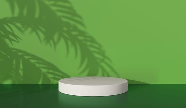 Platform podium with palm shadow of Sun light on green background for product display. Empty podium platform. 3D Rendering.