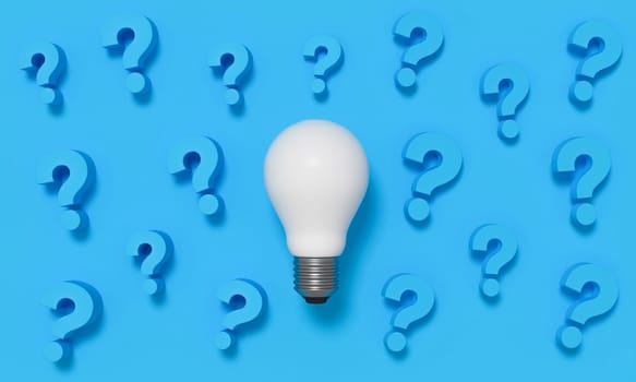 Light bulb with question mark on blue pattern background. 3D rendering.