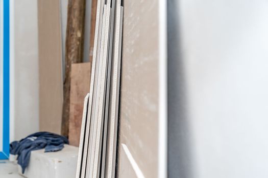plasterboard panels on the construction site. High quality photo