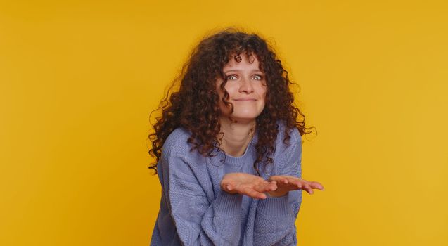 Woman raising hands asking what why reason of failure, demonstrating disbelief irritation by troubles trendy social media meme anti lifehacks ridicules people who complicate simple tasks for no reason
