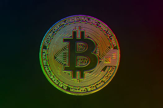 Crypto currency golden coin with bitcoin symbol on isolated on black background. Bitcoin Coin on black background. Bitcoin cryptocurrency. Cryptocurrency Coin Concept. single golden valuable