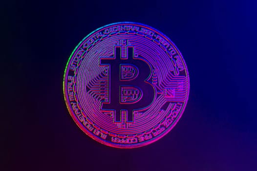 Crypto currency golden coin with bitcoin symbol on isolated on black background. Bitcoin Coin on black background. Bitcoin cryptocurrency. Cryptocurrency Coin Concept. single golden valuable